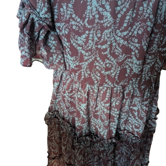 New Whimsigoth Mini Dress ruffled tiered brown/ blue Print flowy NWT sz S - Picture 9 of 13
